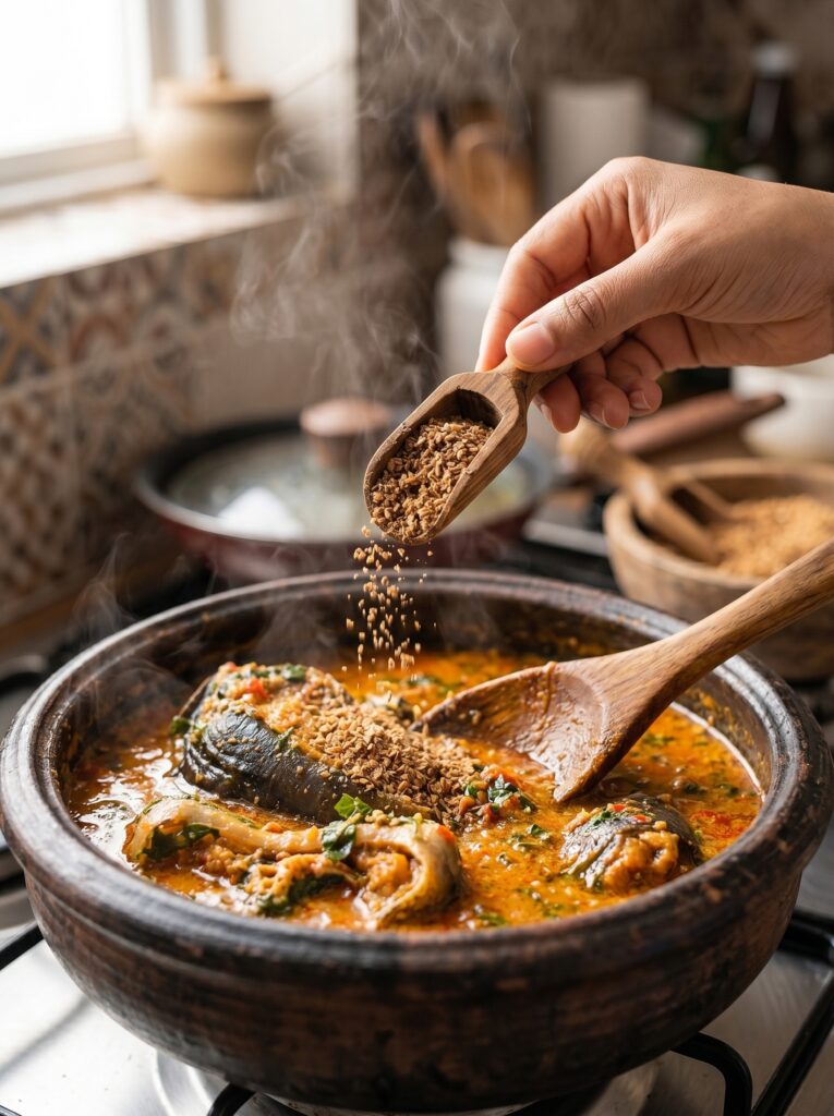 Catfish pepper soup simmering in a clay pot with ground crayfish being added from a wooden scoop