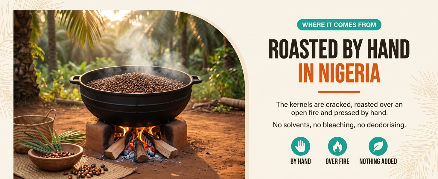 Palm kernels roasted on a live firewood fire in Nigeria.
