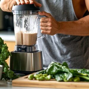 Jeb Foods bitter kola nut powder pouch beside a blended shake with greens