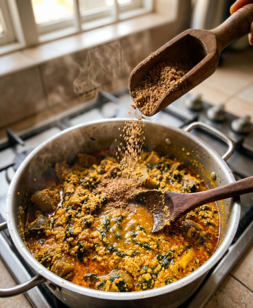 Ground crayfish being stirred into a pot of Nigerian egusi soup with spinach
