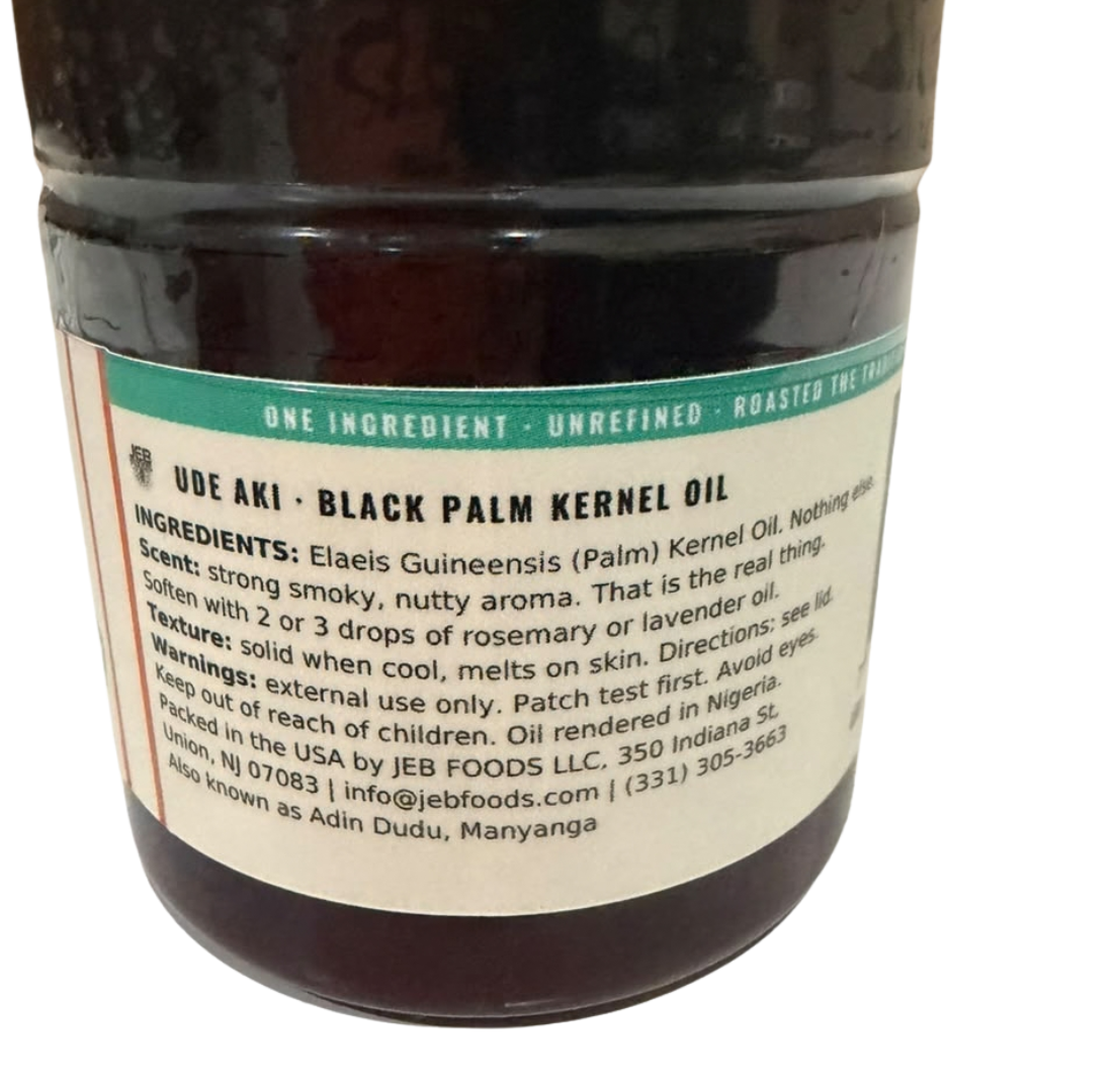 Ude Aki black palm kernel oil jar, back label