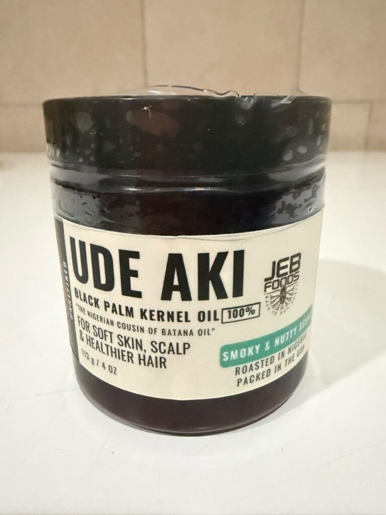 Ude Aki black palm kernel oil 4 oz jar, front label