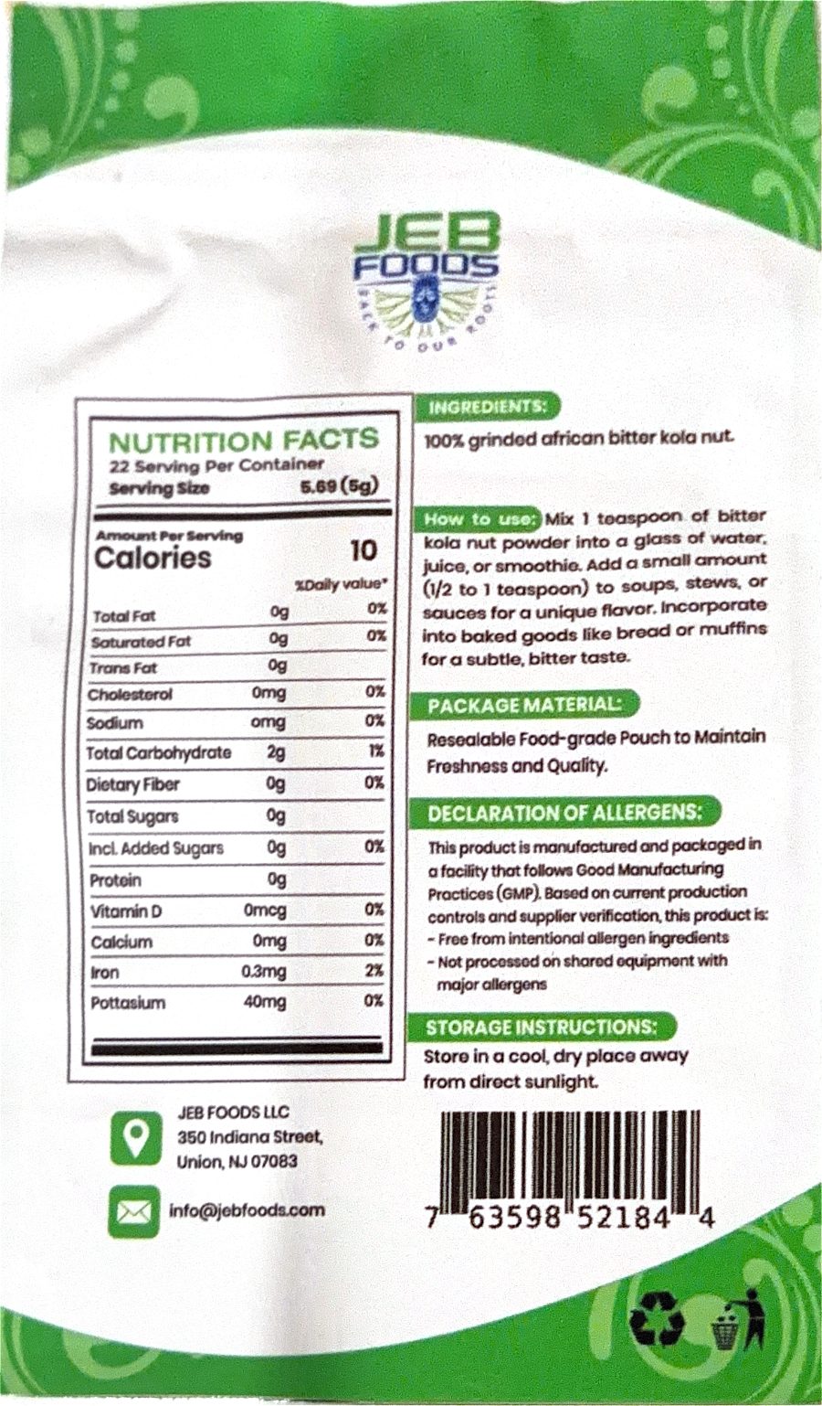 Bitter kola tea: back of the Jeb Foods bitter kola nut powder pouch with how to use